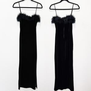 Finesse Vintage 90s Velvet Feather Spagetti Strap Fitted Long Maxi Dress Friends